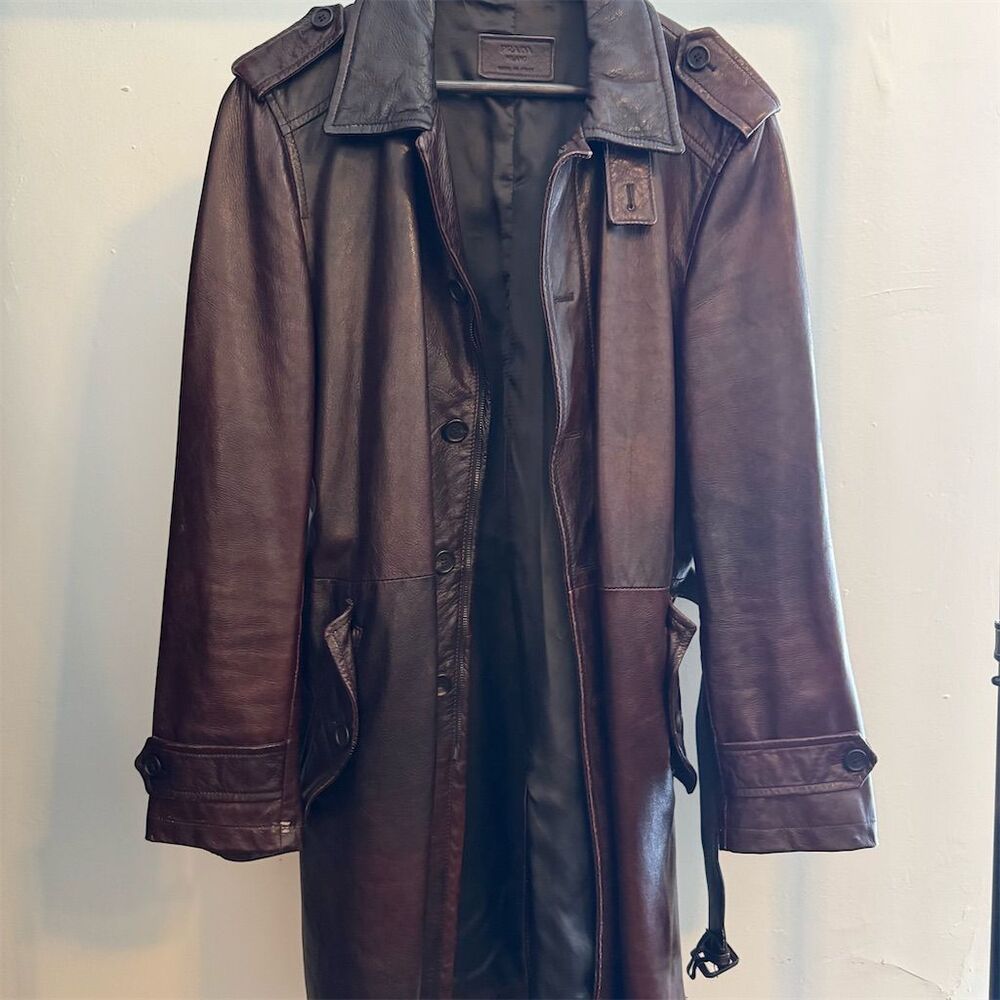 Prada Men's Vintage Brown Leather Trench Coat Size 52 Double-Breasted